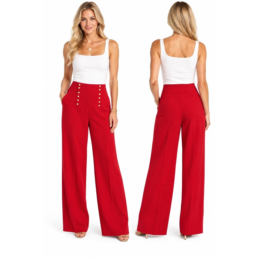 BBJ Los Angeles Pants L Red Wide Leg Gold Button Sailor High Waist Career Office